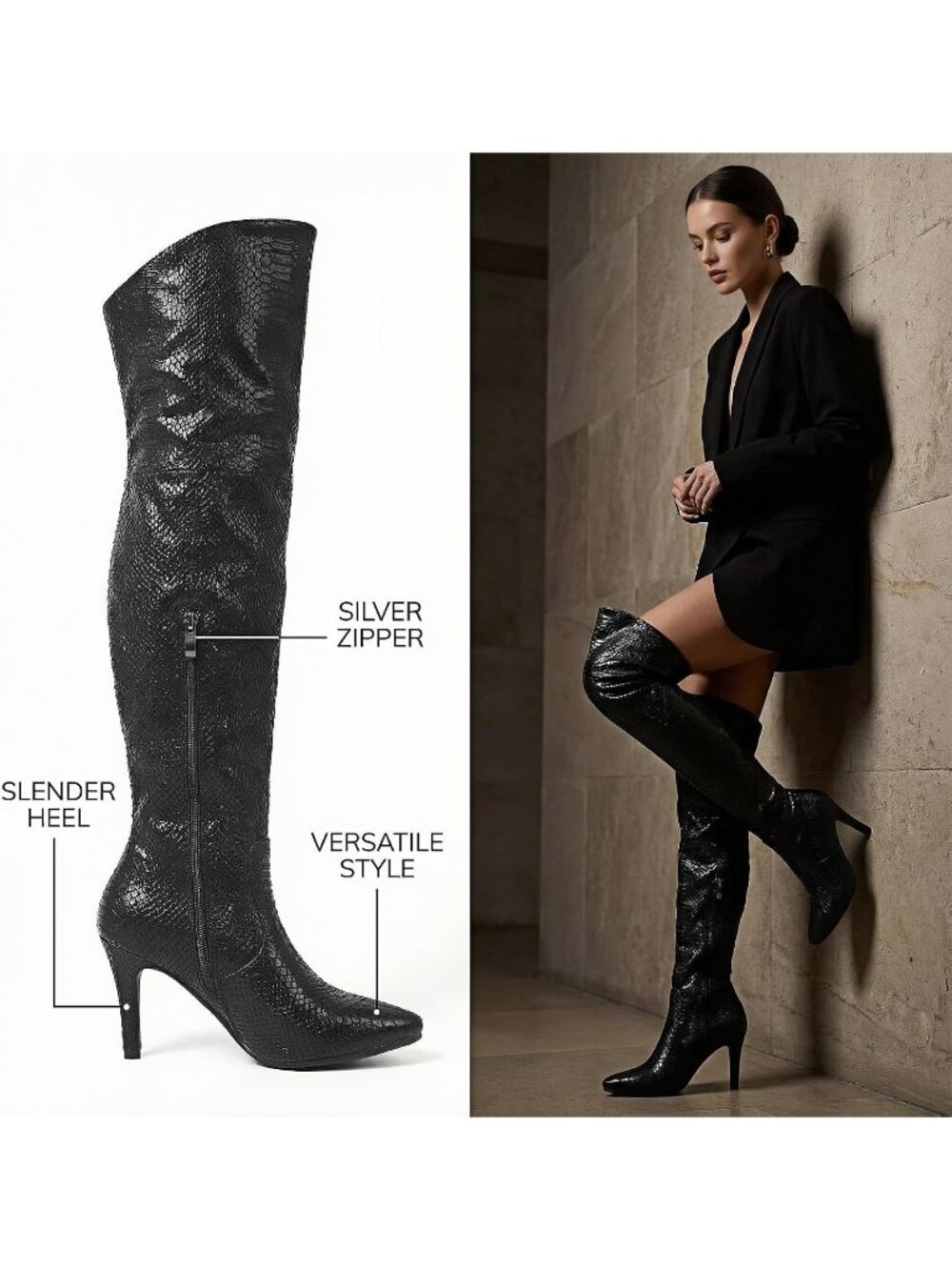 Women's Black Pointed Toe Chunky Heel Side Zipper Over The Knee High Boots - Picture 2 of 5
